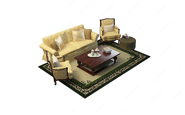 淡黄色沙发茶几组合3D模型