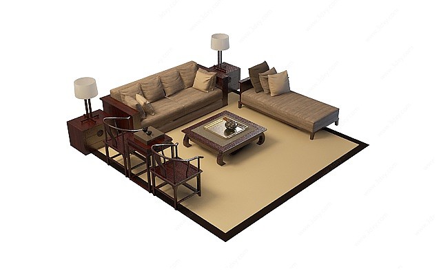中式古典沙发茶几3D模型