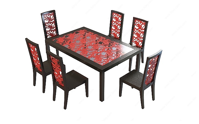 中式雕花餐桌椅3D模型