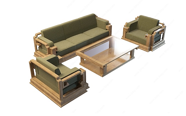 中式布艺沙发茶几3D模型