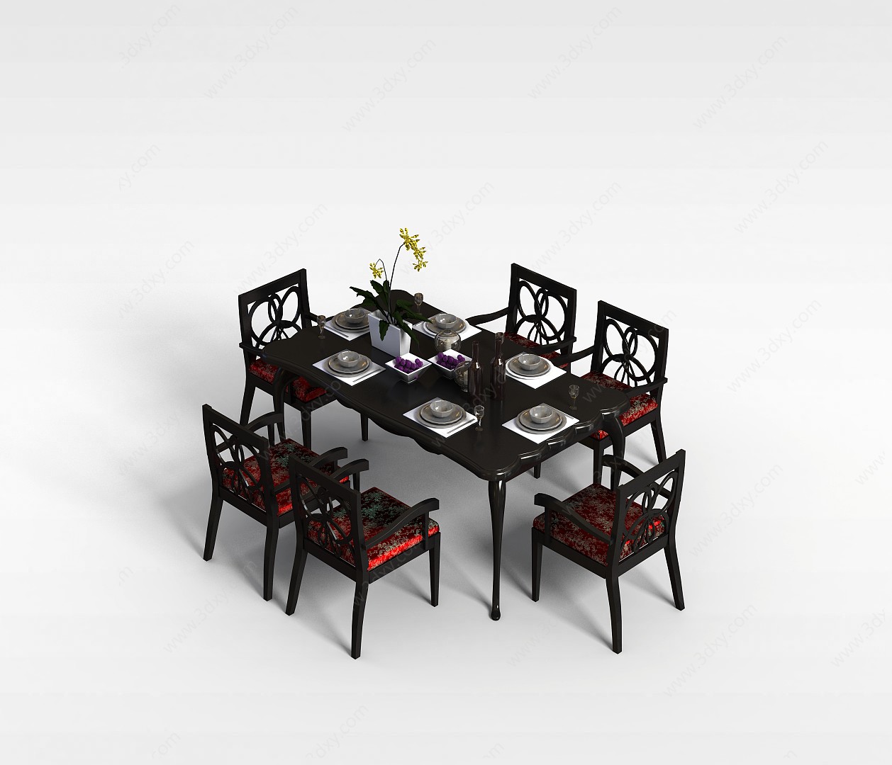 中式多人桌椅组合3D模型