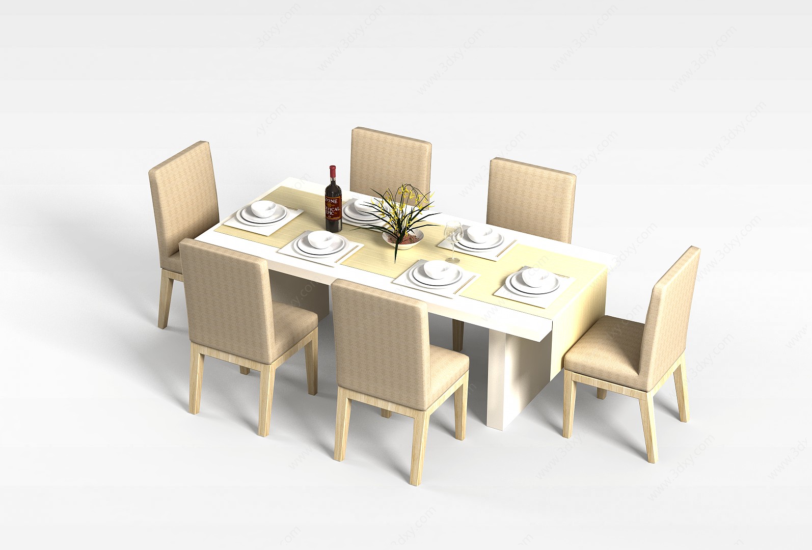 6人餐桌椅组合3D模型