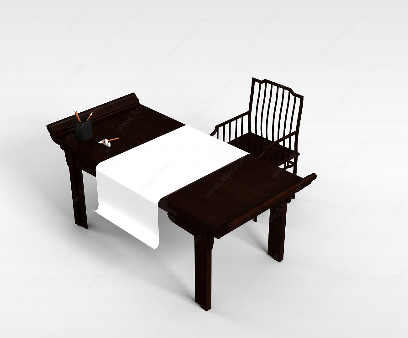 中式棕木书桌3D模型