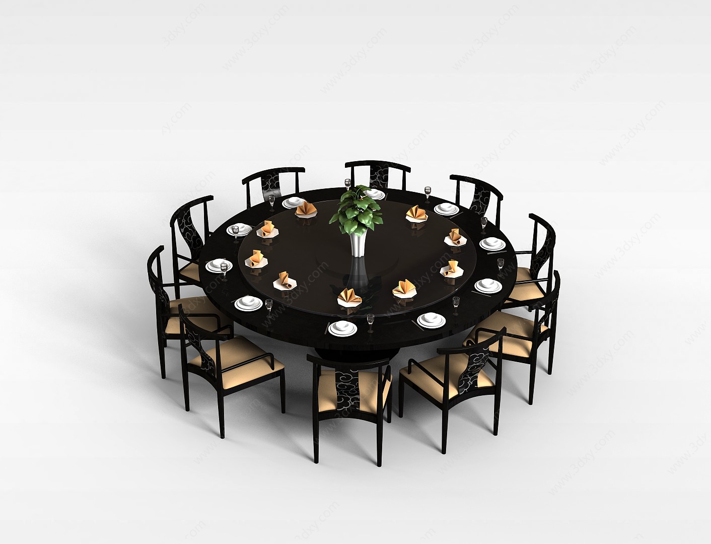 现代黒木圆形餐桌椅组合3D模型