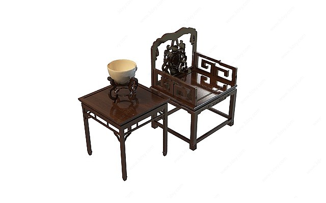 中式棕木桌椅组合3D模型