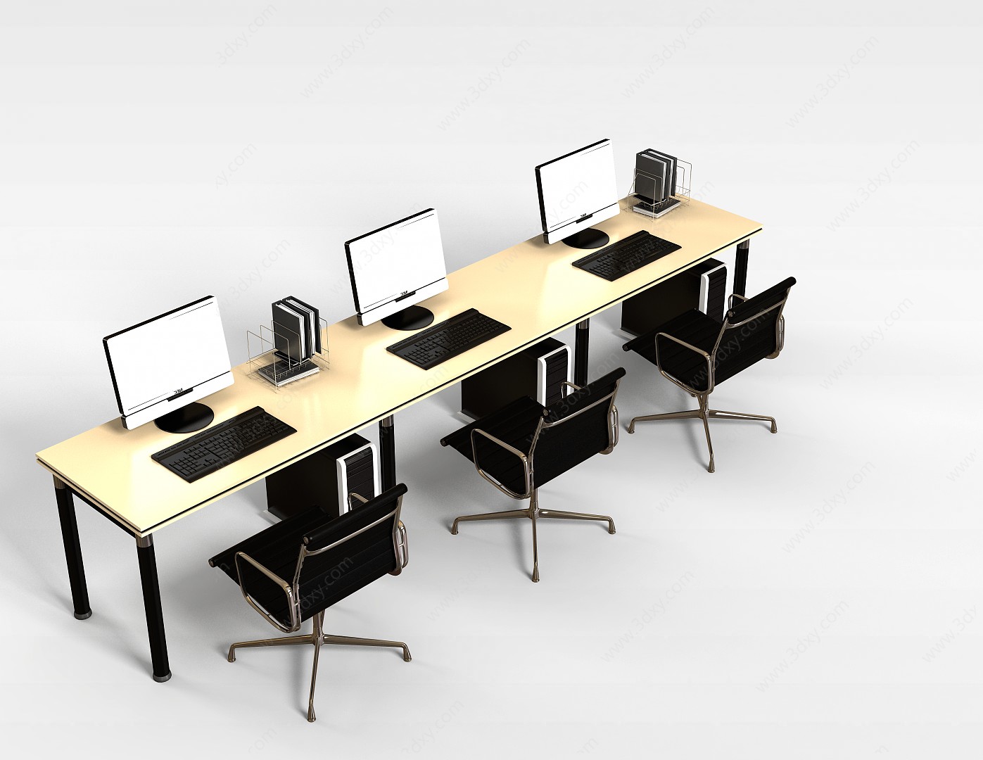 三人办公桌椅组合3D模型