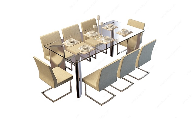 八人餐桌椅组合3D模型