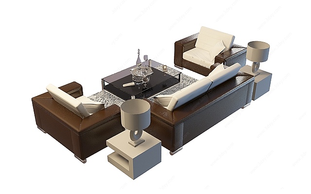 皮艺沙发茶几组合3D模型