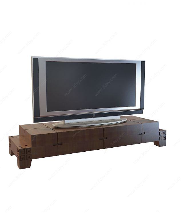 中式棕木电视柜3D模型