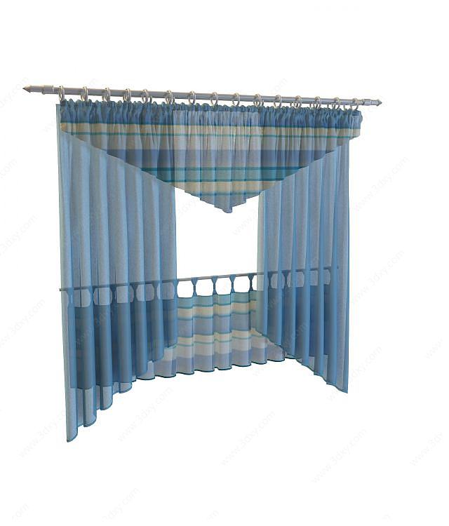 蓝色布艺窗帘3D模型