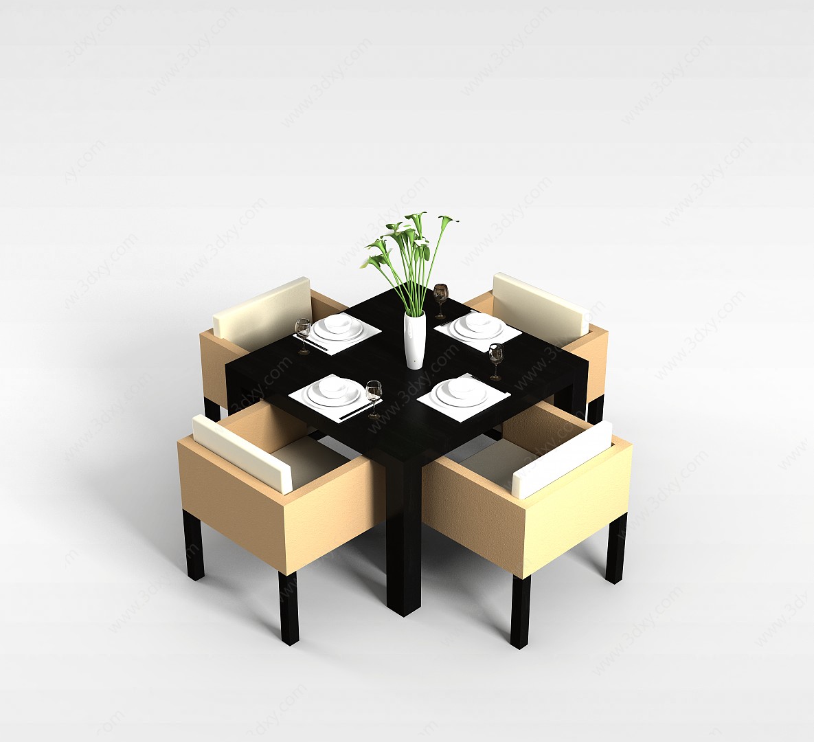 4人餐厅桌椅组合3D模型