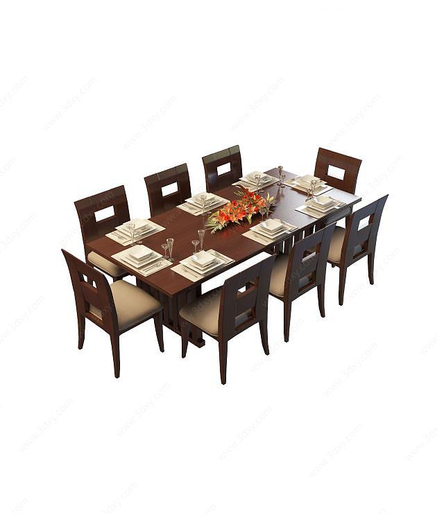 中式实木餐桌椅3D模型