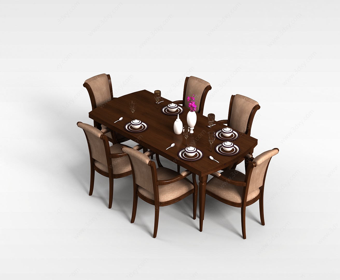 欧式实木餐桌椅组合3D模型