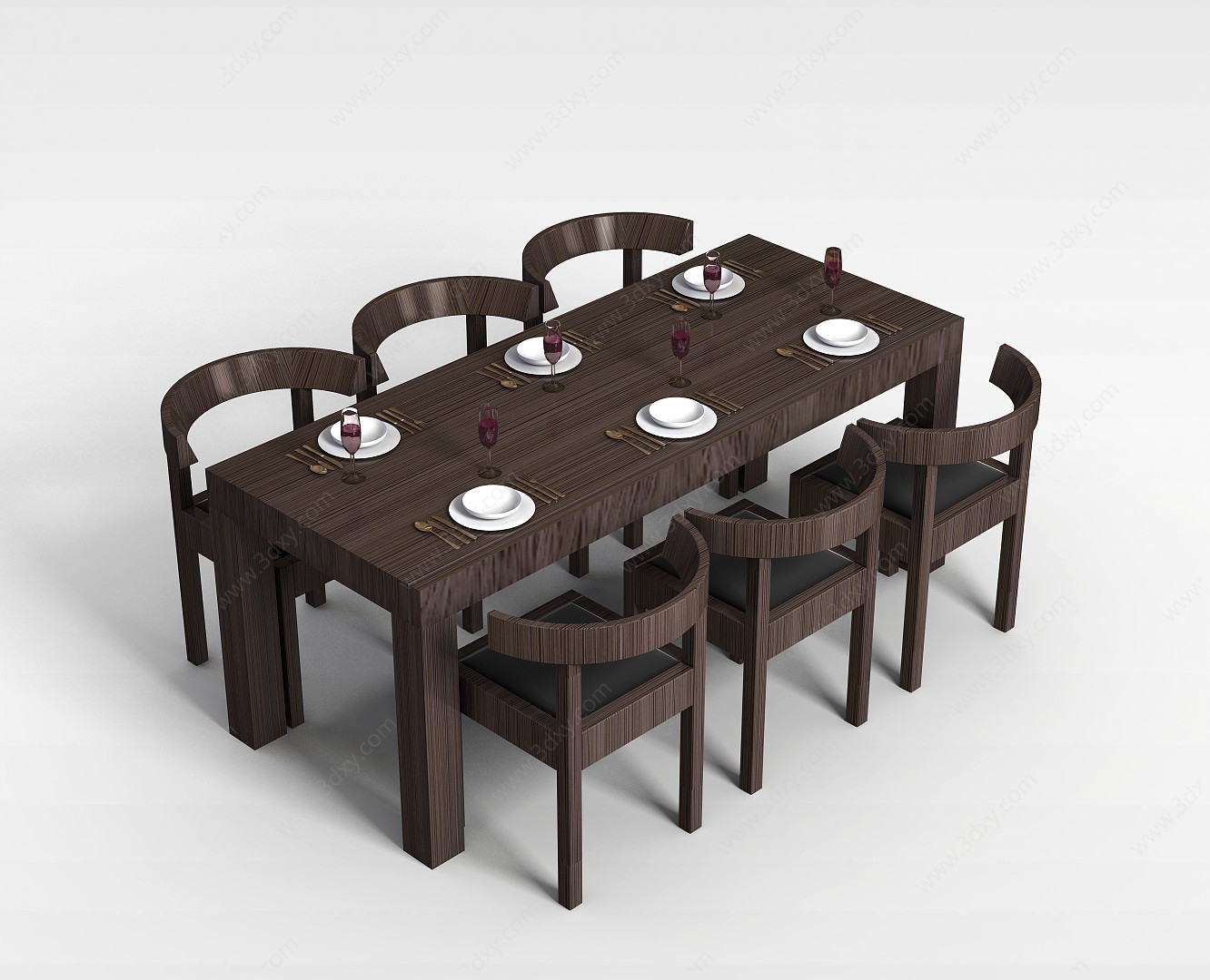 6人实木桌椅组合3D模型