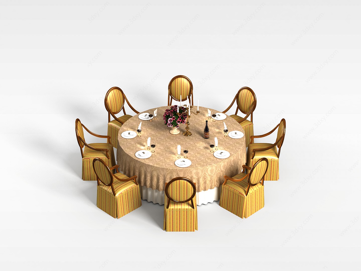 8人圆形餐桌椅3D模型