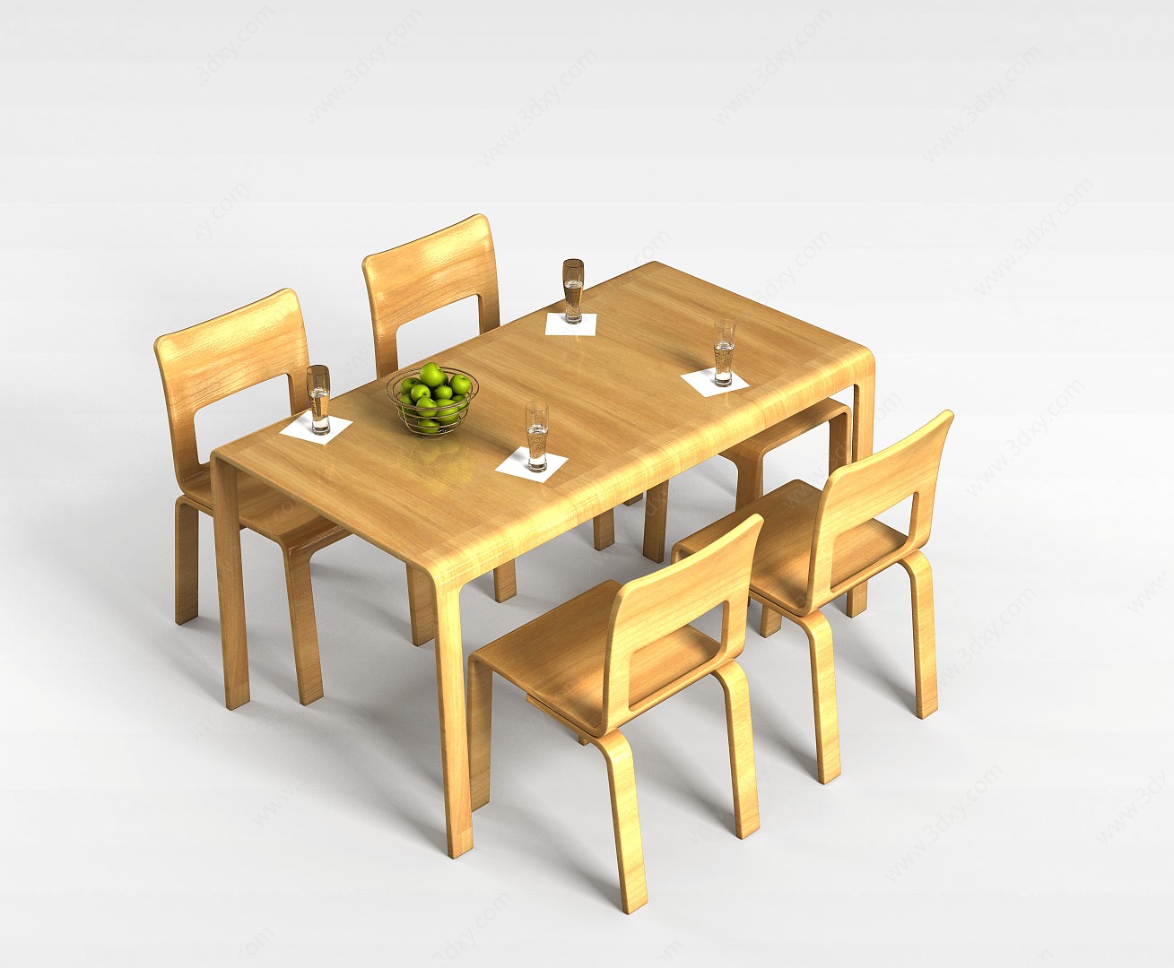 4人实木桌椅组合3D模型
