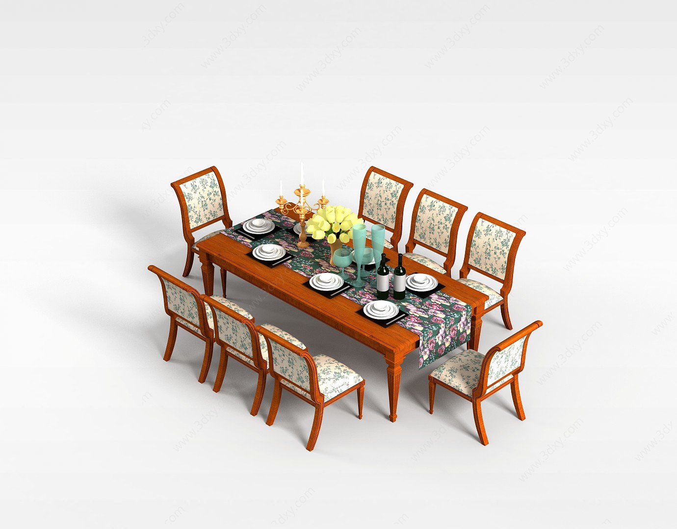 多人条形餐桌3D模型