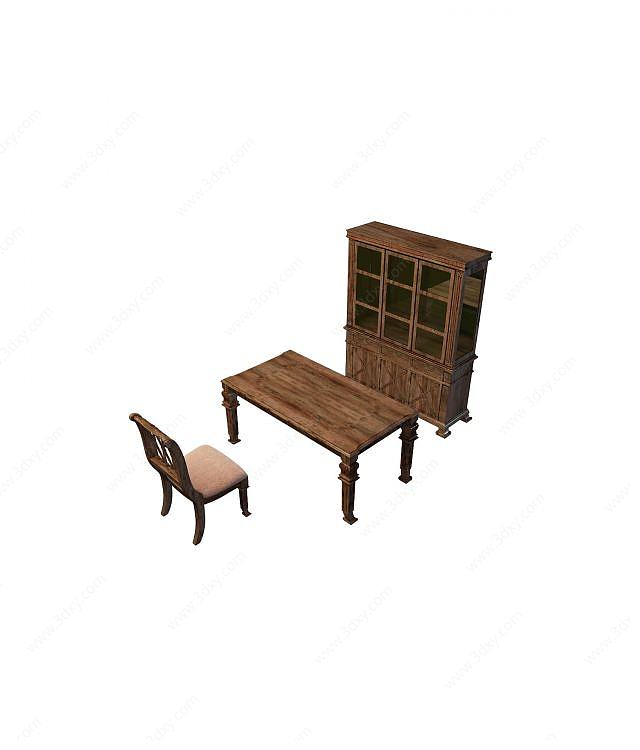 原木书房桌椅3D模型