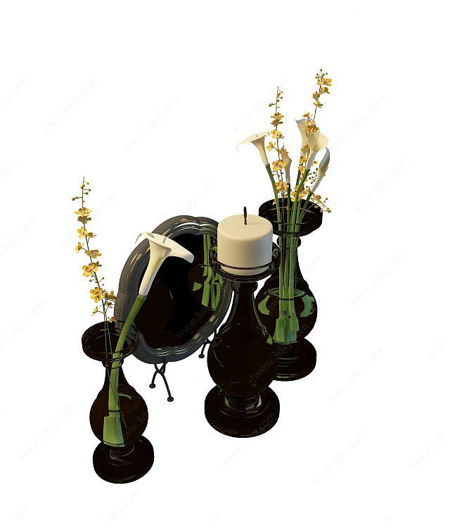 黑色玻璃花瓶烛台组合3D模型