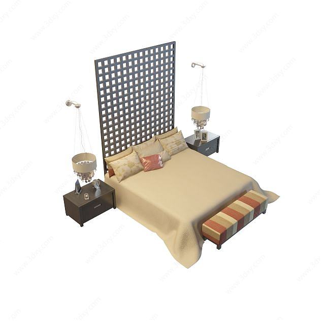 双吊灯卧室双人床3D模型
