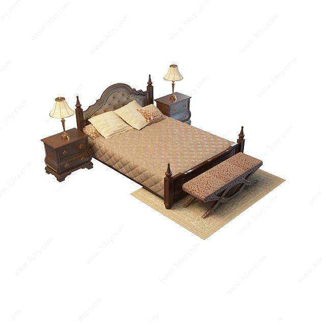 红木欧式风格双人床3D模型