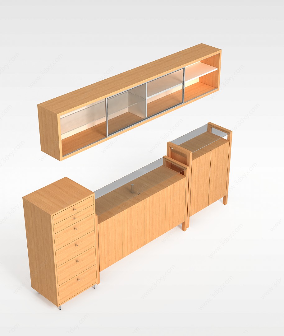 实木吊柜电视柜组合3D模型