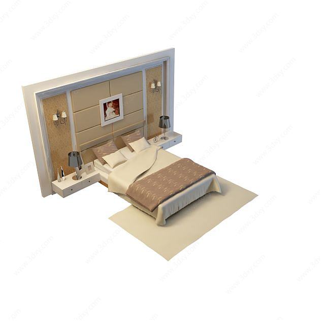 简约新现代床头背景双人床3D模型