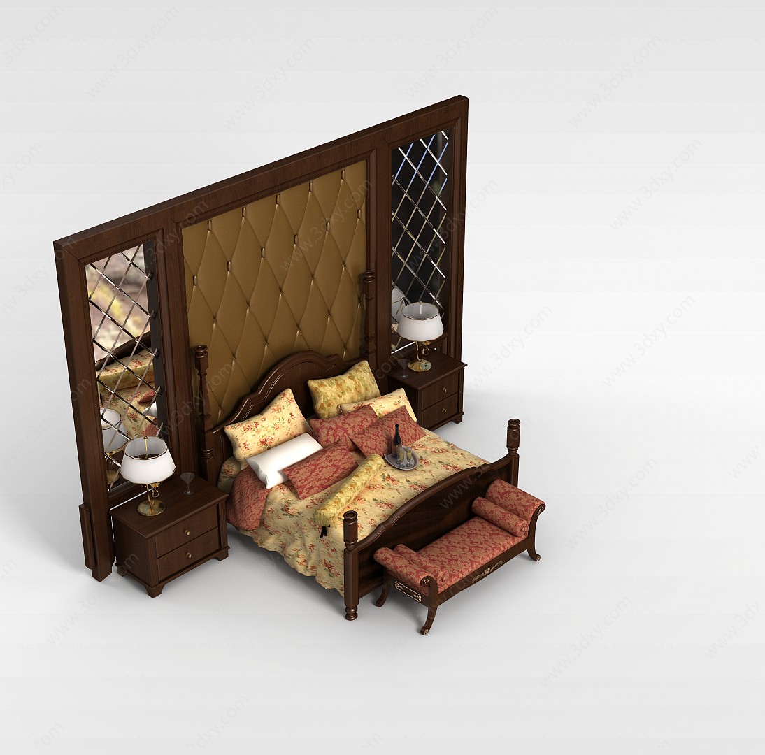 欧式床头背景双人床3D模型