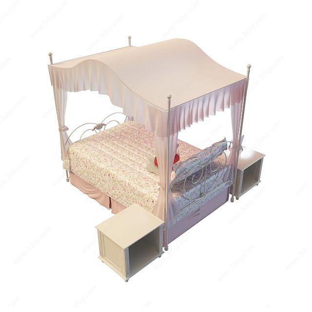 粉色纱幔双人床3D模型
