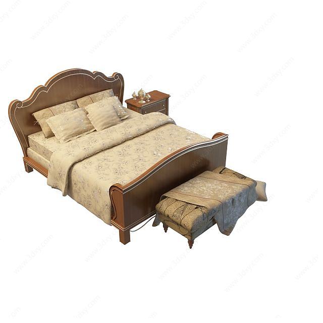 中式双人床3D模型