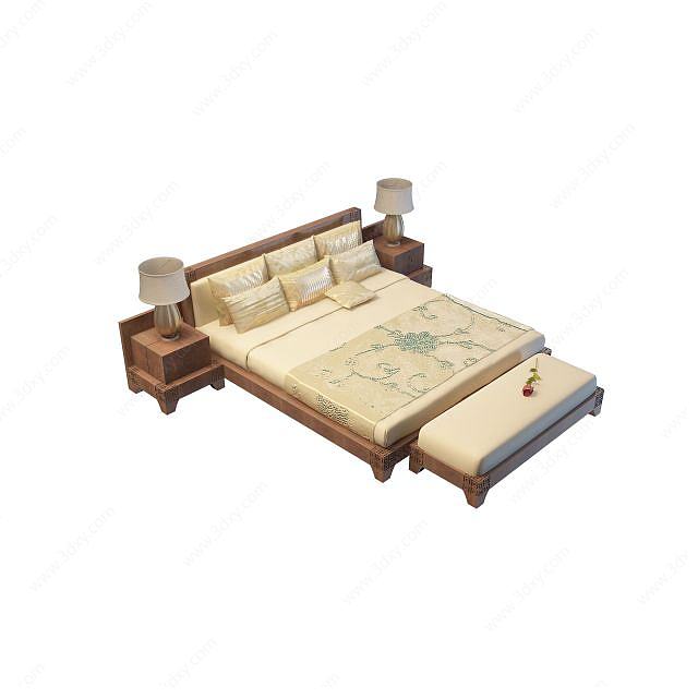 实木新中式双人床3D模型
