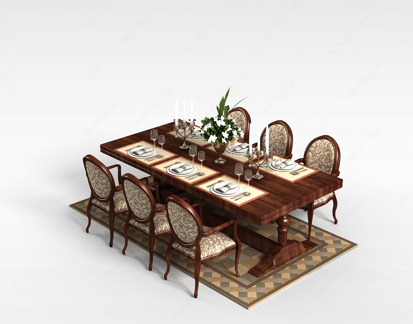 木质餐桌椅组合3D模型