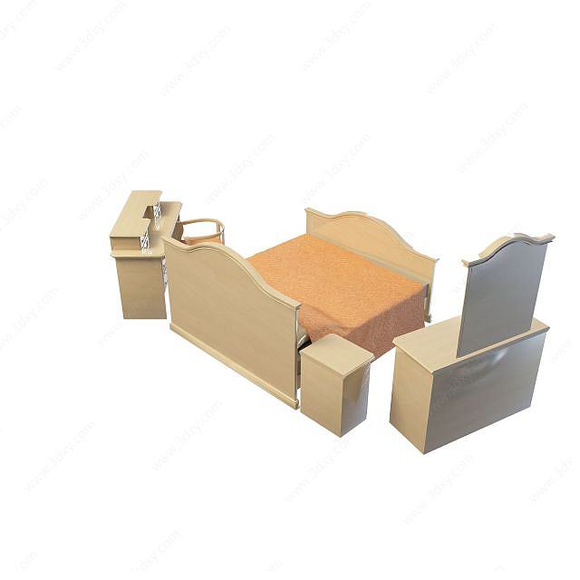中式现代实木双人床3D模型