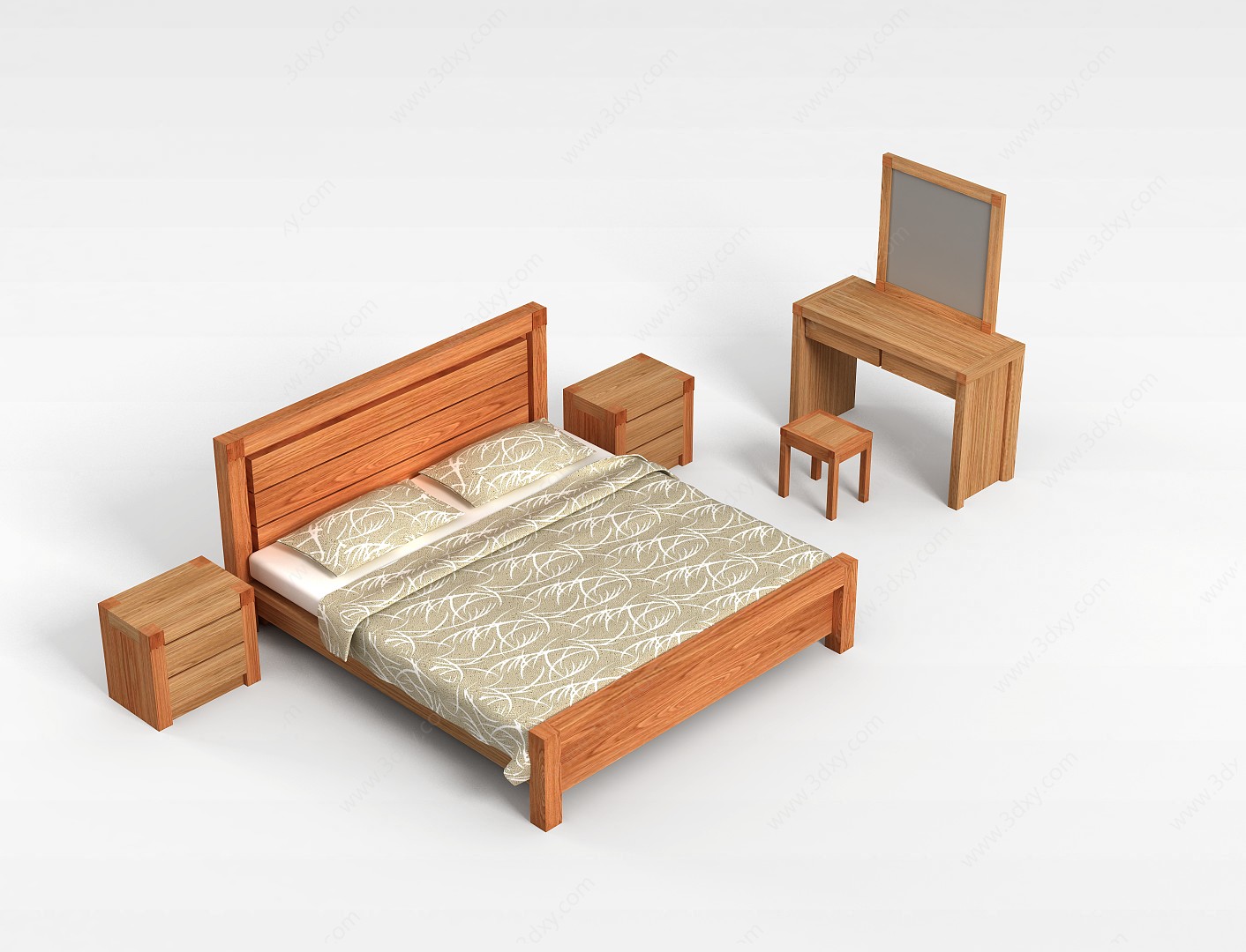 实木平板双人床3D模型