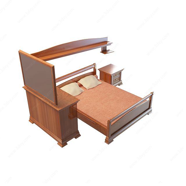 中式木质双人床3D模型