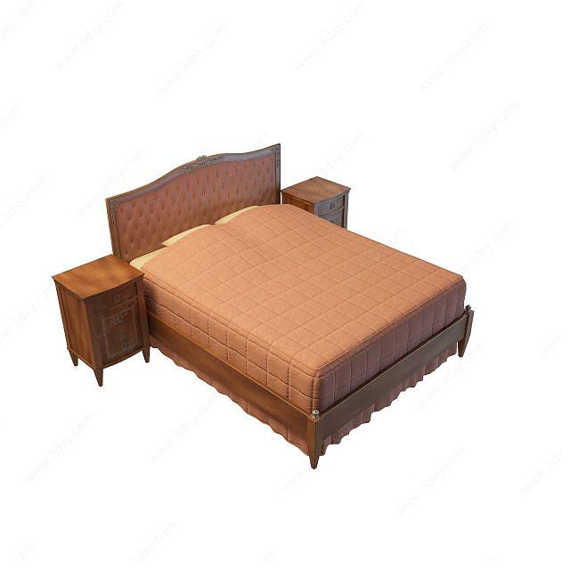中式实木双人床3D模型