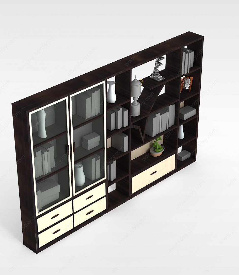 实木玻璃门书柜3D模型