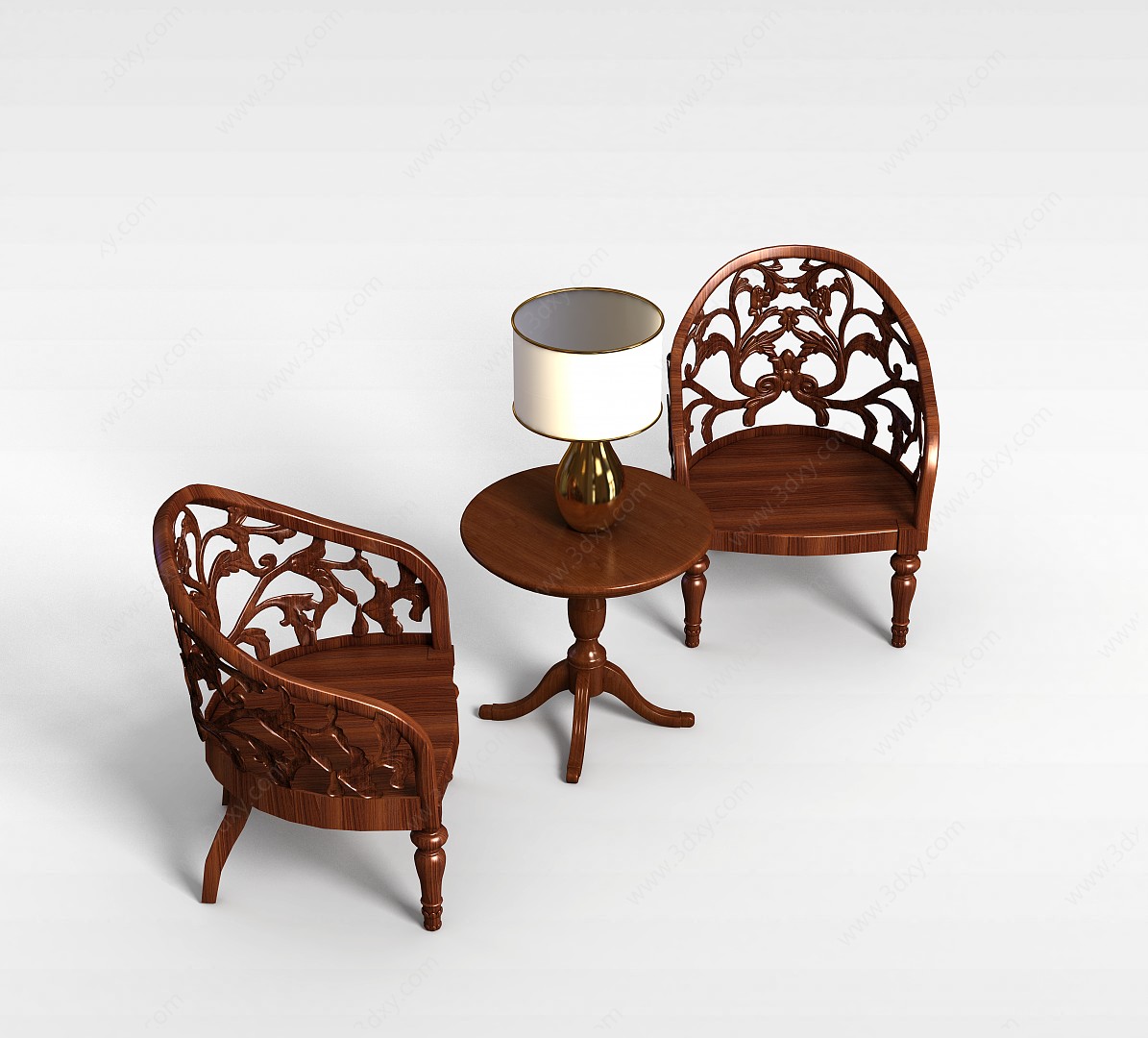 棕色实木桌椅组合3D模型
