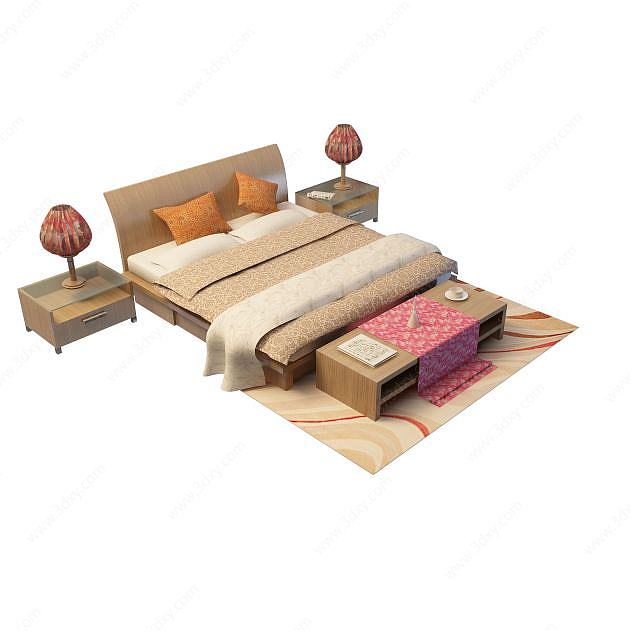 卧室实木双人床3D模型