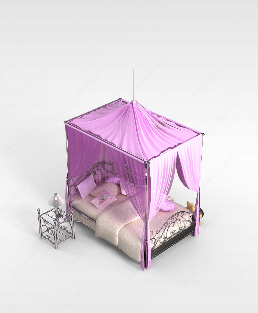 粉色纱帘双人床3D模型