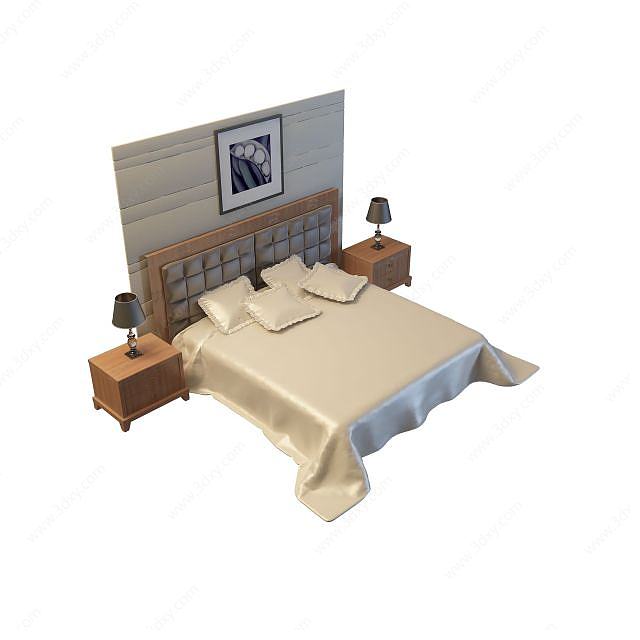 现代床头背景双人床3D模型