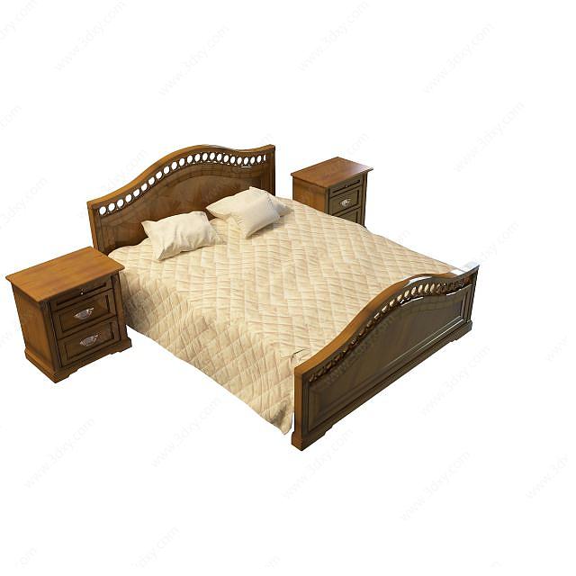 实木中式双人床3D模型