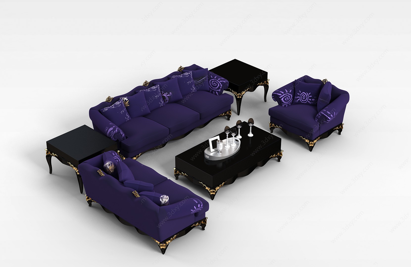 紫色沙发茶几组合3D模型