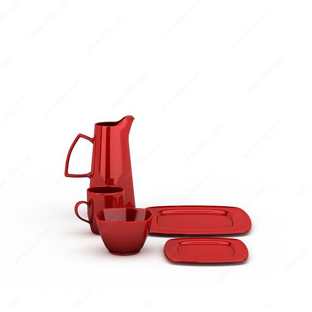 红色餐具组合3D模型