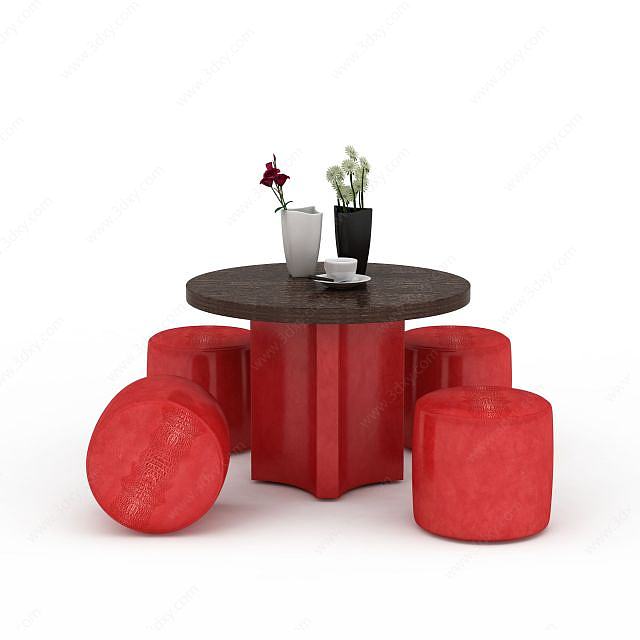 红色沙发凳组合3D模型