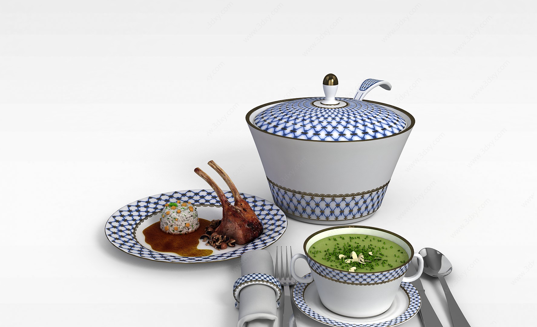 花纹陶瓷餐具组合3D模型