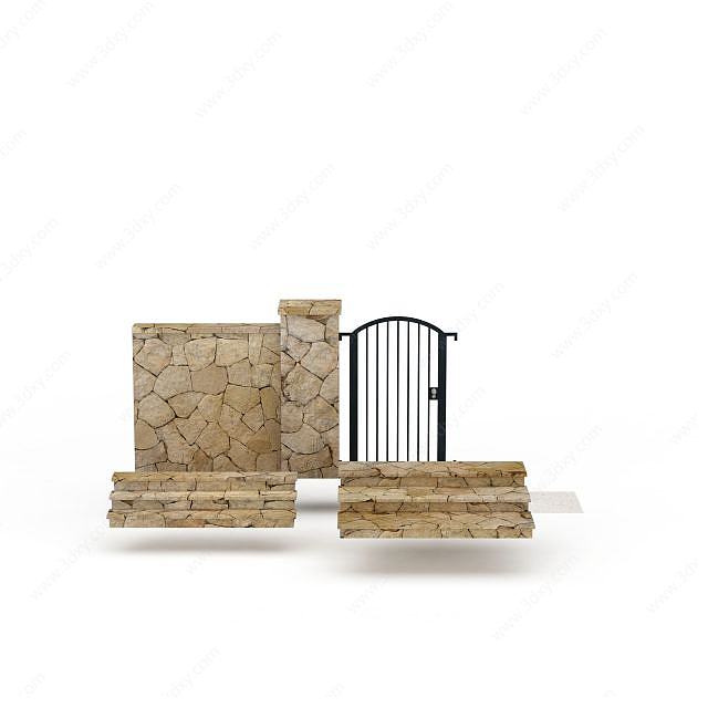 中式石头围墙3D模型