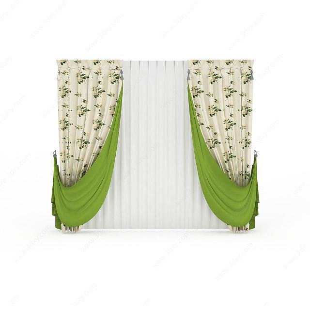 米白花朵窗帘3D模型