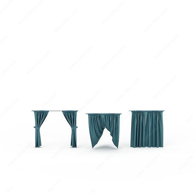 蓝色布艺窗帘3D模型