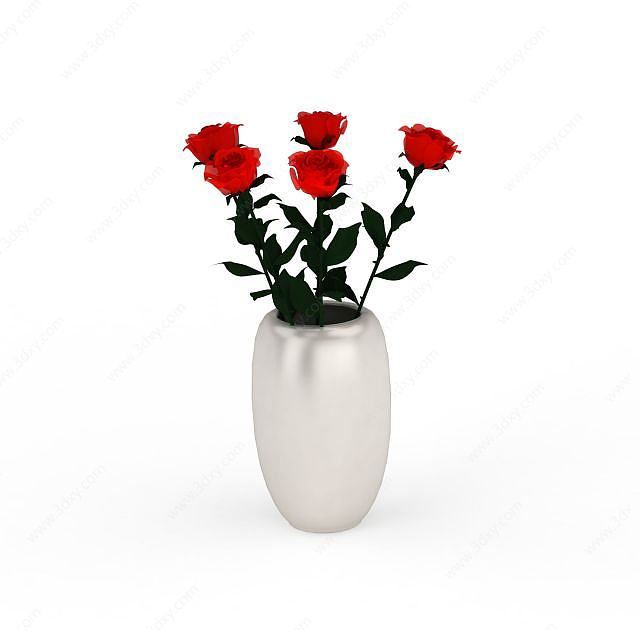 红色玫瑰花瓶3D模型